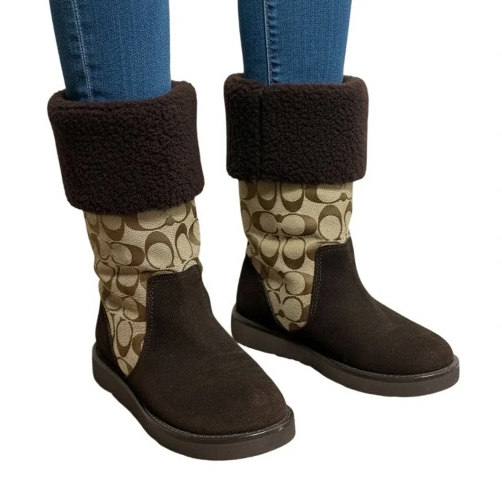 Coach Kally Signature Suede Winter Boots Women Brown Khaki Faux Fur Good 6.5 B - Picture 1 of 16